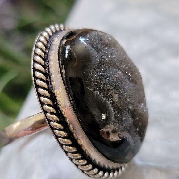 Black Druzy Quartz Statement rings, Sterling Silver Ring, Size 8 - Picture 6 of 10
